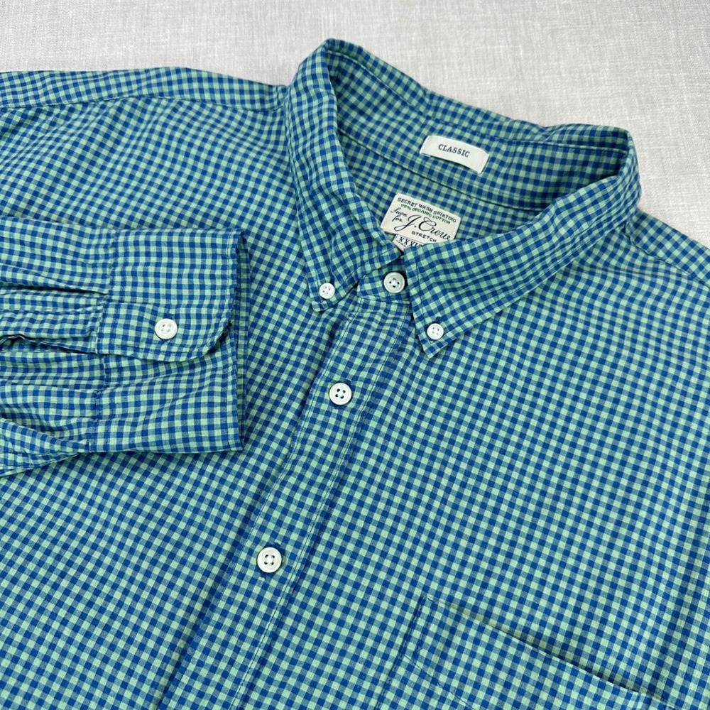 J Crew Secret Wash Shirt Mens 3XLT Blue Green Gingham Stretch AM334 EUC
